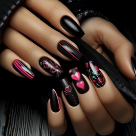 EYZOTSF Press on Nails Valentine's Day Square Shaped Acrylic Full Cover Medium Length Square False Nails with Love Heart Designs Artificial Fake Nails Glue ons Fingernails for Women Girls(Y259)