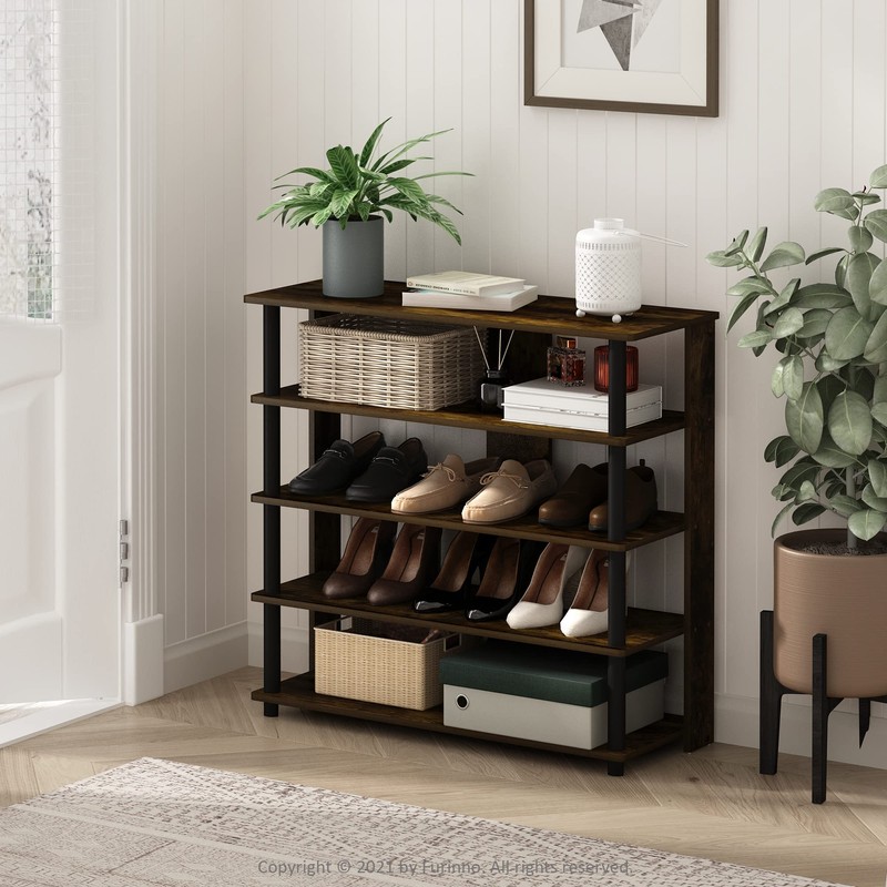 Furinno Turn-N-Tube 5 Tier Wide Shoe Rack, Amber Pine/Black