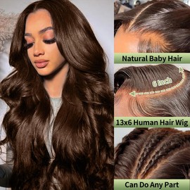 26 Inch Chocolate Brown Lace Front Wig 200 Density Hd Lace Front Wigs Human Hair 13x6 Brown Body Wave Lace Front Wigs Human Hair Pre Plucked with Baby Hair Colored Frontal Wigs Human Hair for Women