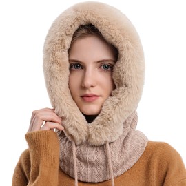 WANYIG 2 in 1 Winter Hat Knitted Hat Warm Hat Circle Scarf Set Balaclava Winter Knitted Hat with Fleece Lining for Women Windproof Hat Cold Protection Ski Hat 56-60 cm, beige