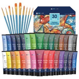 Acrylic Paint Set 30 Colors Craft Paints in Tubes with 10 Art Brushes Rich Pigment for Artists Beginners Kids Painting on Canvas Wood Fabric Crafts, 36ml/Tube
