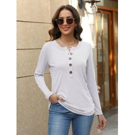 EADINVE Womens Crew Neck Long Sleeve Buttons Tops Fall Tshirts Tee Basic 2024 Blouse Loose Fit Henley Tops White