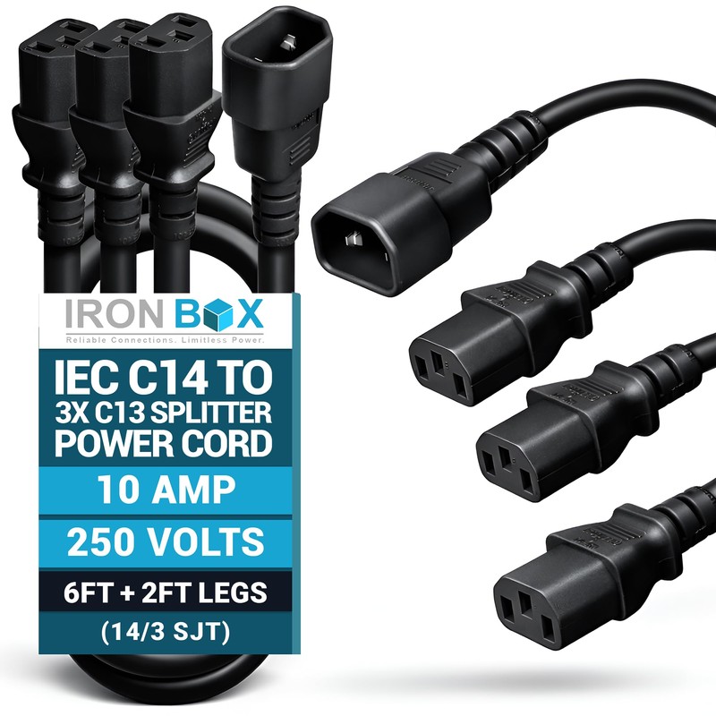 IronBox Electric IEC C14 to 3X C13 Splitter Power Cord