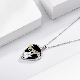 AXOMY Guitar Pick Necklace 925 Sterling Silver Black Tourmaline Guitar Plectrum with Music Note Pendant Necklaces Guitarist Jewelry Gifts for Women Men