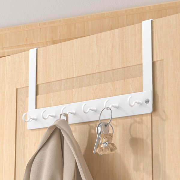niffgaff 6 Hooks Over Door Hanger, White Coat Hooks, Over Door Hanging for Kitchen Towel, 12.4 x 6.69 x 4.5 inches, Stainless Steel, Towel Storage Bathroom Hooks, Door Coat Rack