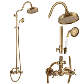 gotonovo Luxury Exposed Shower Faucet Set Bathroom Shower System 8 Inch Wall Mount Rainfall Shower Head with Handheld Spray Cross Double Handle Shower Fixture Adjustable Arc Rod Antique Brass