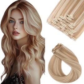 Benehair Clip-In Real Hair Extensions, 110 g, Heavy Clip-In Real Hair Extensions, 7 Pieces, 16 Clips, Remy Real Hair Extension, Lace Base Real Hair Extension Clip, 40 cm, Flax Yellow Mix Light Gold