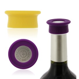 Drink Tops Ventilated Bottle Covers, 2 Pack, Purple/Yellow - BPA-Free Silicone Wine Bottle Covers to Protect Wine From Outdoor Elements - Stainless Steel Screen Insert Allows for Wine Breathability