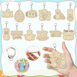 Haooryx 24pcs Color Your Own Easter-Theme Keychains, Cute Bunny Peeps Egg Wooden DIY Blank Keychain, Cartoon Rabbit Bunny Peeps Eggs Happy Easter Uncolored Keychain for Kids Spring Holiday Party Favor