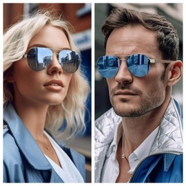 WOODONLY Wooden Aviator Sunglasses without Edge - Polarised Sunglasses with Metal Frame for Men and Women Perfect Gifts, blue