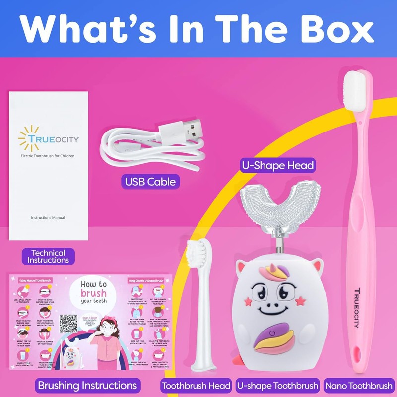Trueocity Kids U Shape Toothbrush, Auto Electric, Toddler Rechargeable, Unicorn