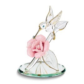 Diamond2Deal Hummingbird and Pink Porcelain Rose Handcrafted Glass Figurine