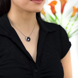 Materia KA-431 Women's Pendant Onyx Black Round 925 Silver Pendant Black Stone Large with Chain Including Case, Black Onyx Gemstone, Onyx