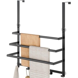 Over The Door Towel Rack, Over Door Towel Racks for Bathroom Door with 5 Hooks, 3 Tier Towel Storage Hanger Holder for Bathroom Accessories, 16 Inch Towel Bar for Hanging Towels, Matte Black