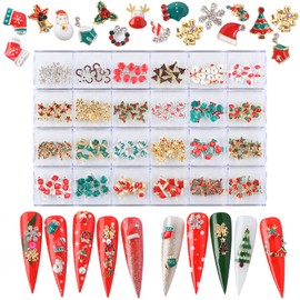 Nail Art Decoration Kit, 240Pcs Christmas Nail Charms Rhinestones Box Mixed Snowflake Reindeer Socks Bell Candy Cane Christmas Tree Glitter Design for Nails Crafts Accessories(24 Styles,Mixed Colors)