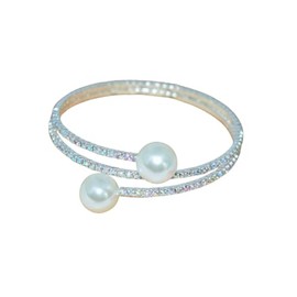 Hilufiet Dainty Rhinestone 1920s Silver Gold Fake Pearl Open Bangle Bracelet Wedding Sparkly Layered Wrap Cuff Bangle Bracelet Adjustable Pearl Bracelets for Women-Silvery1