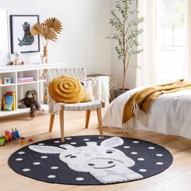 Hauteloom Kids Room, Nursery Round Area Rug - Outdoor Patio Safe - Animal Baby Giraffe Playroom Carpet - Beige, Gray, Black, Cream - 5'3"