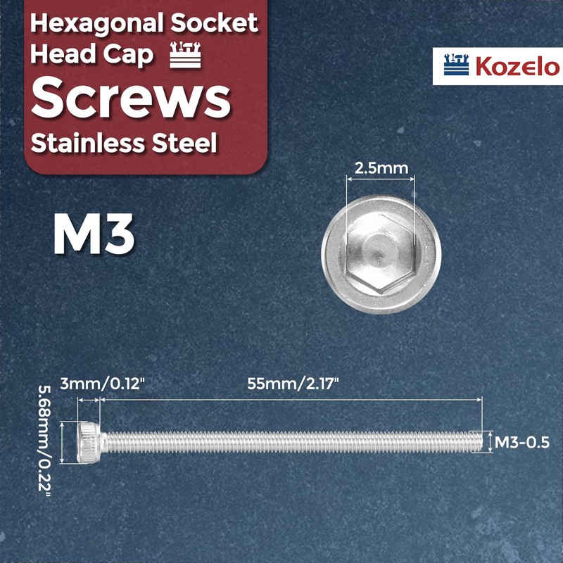 Kozelo 15pcs Socket Head Cap Screws [M3-0.5 x 55mm] 304