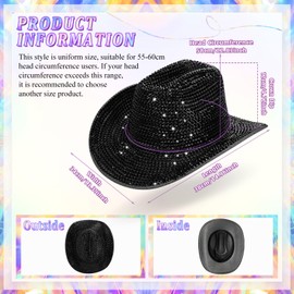 Hercicy Rhinestone Cowboy Hat with Diamond Fringe Bling Cowgirl Hat with Western Wide for Cosplay Wedding(Black,Vivid)