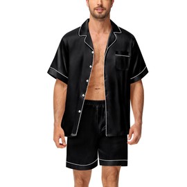 DIKFA Matching Silk Satin Pajamas Set for Men Button Down Sleepwear Short Sleeve Nightwear 2 Pcs Satin Pjs Set Nightwear Black