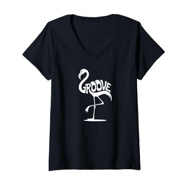 Womens Groove Flamingo Word Art - Dance, Retro & Beach Vibes Design V-Neck T-Shirt