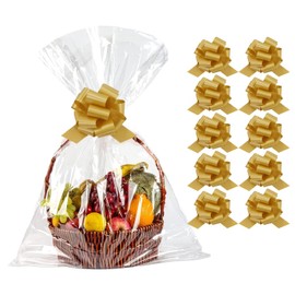 Amsthow 10CT Cellophane Wrap Bags 26 x 36-inch Gift Basket Wrapping Clear Large Plastic Bags with Bows for Easter Weddings
