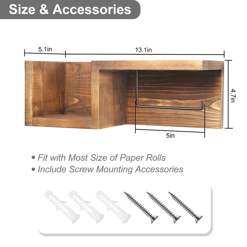 Wooden Toilet Paper Holder Wall Mount with Shelf - Farmhouse