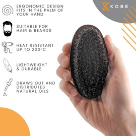 Kobe Gable Palm Brush 100% Natural Boar Bristle Hair Brush/Beard Brush - Military Style Hair Brush - Works Well With Beard Oils - Light Wood