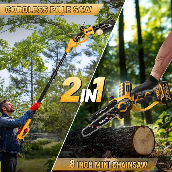 Takuoo 2-IN-1 Electric Pole Saw, 8 Inch Mini Chainsaw Cordless