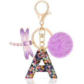 MWOOT Initial keychain, Resin Letter A keychain, Cute Car Keyring, Alphabet Key Chain with Dragonfly, Keychains with Purple Pompom Pendant Keychains for Women Purse Bag Handbag Decor (A)