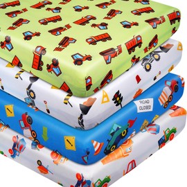 MLEPXBO Next to Me Crib Sheets，Fitted Baby Crib Sheets Set of 4， Breathable Soft Microfiber Fitted Baby Bed Sheets (Construction, 83x50cm)