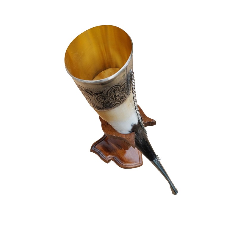 Viking Drinking Horn, 5-7oz Medieval Natural Handcrafted Horn with Wooden