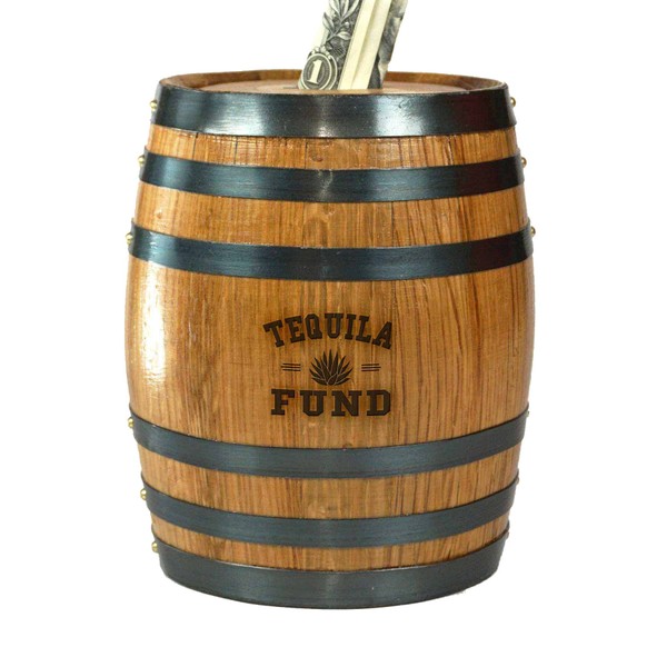 Thousand Oaks Barrel Co. Handmade Wooden Oak Barrel Adult Piggy Bank - Money Saver for Real Cash, Bills & Coins - 6.5 x 4.5 x 4.5 in. with Tequila Fund Laser Engraving - Piggy Banks for Adults
