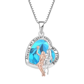 TIMFROZ 925 Sterling Silver 2 Sister Necklace March Birthstone Aquamarine Color Heart Necklace Always My Sister Forever My Friend Star Jewelry Anniversary Birthday Gift for Women Family for Mother's Day