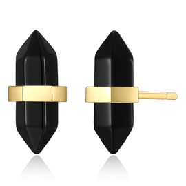 MORGAN & PAIGE .925 Sterling Silver 18K Yellow Gold Plated Healing Black Agate Stud Earrings for Women - Unique & Modern Design Chakra Point Stone Stud Earrings, Hypoallergenic Jewelry