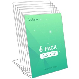 6Pack Acrylic Sign Holder 8.5 X 11, Vertical Slanted Back Sign Holder, Clear Sign Holder Plastic Paper Holder, Acrylic Stands for Display 8 x 10, Tabletop Sign Holder for for Home, Office, Store, Restaraunt