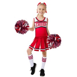WonderPapa Cheerleader for Girls Cheerleading Outfit With Pom Poms Leader Outfit (5-6 Years,Red)