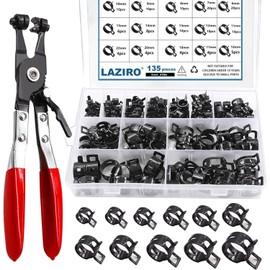 135Pcs 6-22mm Spring Band Hose Clamps With Swivel Flat Hose Clamp Plier Assortment Kit, Spring Band Type Fuel Line Silicone Vacuum Hose Steel Clamp,Low Pressure Air Clip Clamp(Black)