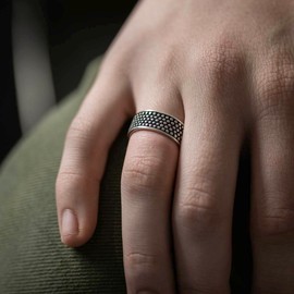 Materia Women's Men's Ring Antique with Dots 925 Silver Wide Solid #SR-109, Silver