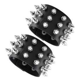JJDreams 2 Piece Punk Wide Leather Bracelet Unisex Black Rivets Bracelet Gothic Rocker Bracelet Set, Faux Leather