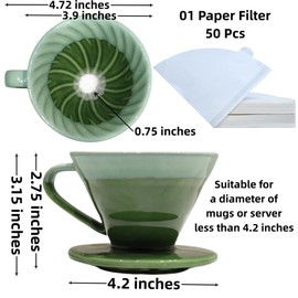 LonMuseum Ceramic Pour Over Coffee Dripper with 50 pcs V60 coffee filters - Portable Drip Coffee Brewer for Travel, Camping, Office or Home - Artisanal Pottery Gift for Enthusiasts