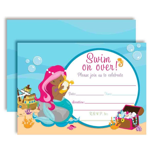 Mermaid Birthday Party Invitations, 20 5"x7" Fill In Cards with