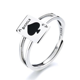 IMINI Poker Spade Ace Sterling Silver 925 Open Statement Rings for Women Girls Men Adjustable Vintage Black Spades Signet Ring Finger Band Fashion Jewelry Gifts Birthday BFF