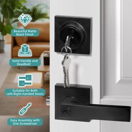 Square Exterior Door Handle with Deadbolt, Matte Black Entry Door Locksets with Deadbolt, Door Handle and Deadbolt Set for Home and Office, Reversible for Right and Left Sided Doors, 1 Pack