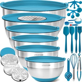 Priority Chef Stainless Steel Mixing Bowls with Lids Set - 30Pc Set with 6 Nesting Bowls, 3 Graters, Airtight Lids, Non-Slip Bases & Silicone Utensils, Metal Mixing Bowls for Kitchen, Turquoise