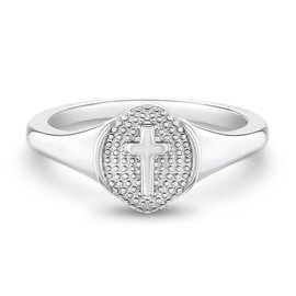 925 Sterling Silver Size 5 Small Classic Signet Religious Cross Rings for Preteens- Beautiful Oval Shape Plain Cross Ring Band for Young Ladies - Faithful Girl's Accessories for Daily Wear