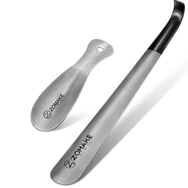 ZOMAKE Metal Shoe Horn 2Pcs - 16.5 inch Shoehorn Long Handled with Handle for Seniors Men Women - 7.5 inch Stainless Steel Small Shoe horns with Hook (Silver 16.5&7.5 inch)
