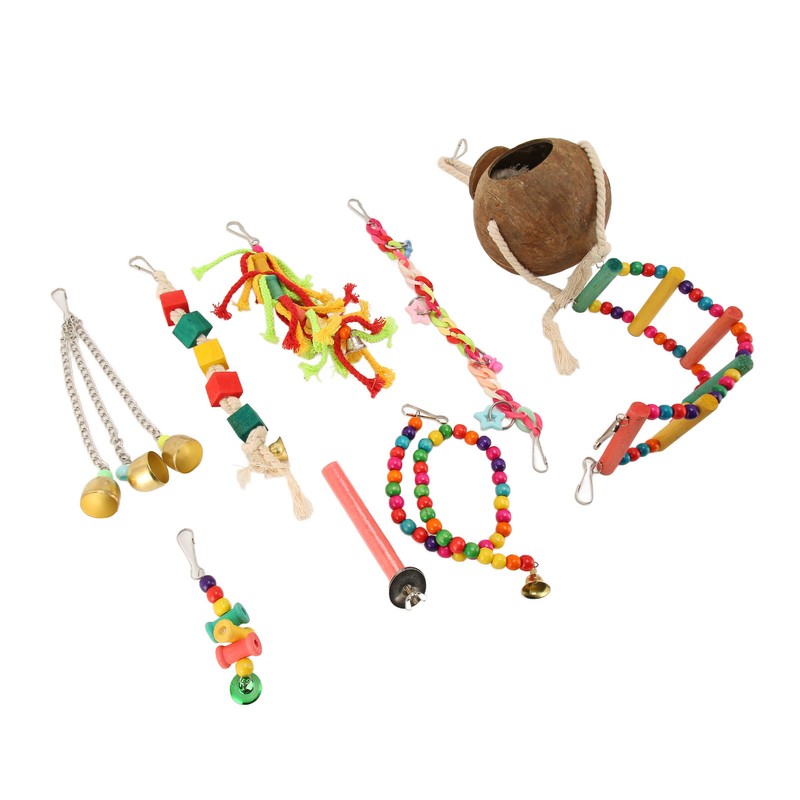 8pcs Parrot Toys Adjustable Coconut Shell Ladder Hanging Toys Interactive