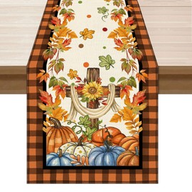 XCHI Fall Cross Pumpkin Maple Leaves Plaid Table Runner Table Decoration for Kitchen Dining Dinner Thanksgiving Autumn Home Decor 13x60 Inch