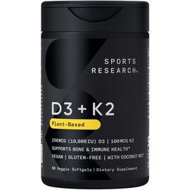 Sports Research® Vegan D3 10,000iu with Vitamin K2 100mg - Formulated with Coconut MCT Oil - Vegan Certified, Soy & Gluten Free - 60 Softgels